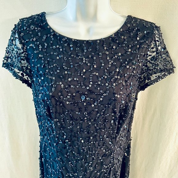 Adrianna Papell Dresses & Skirts - Adrianna Papell Low Back Beaded Sequin Navy Blue Column Gown Size 6
